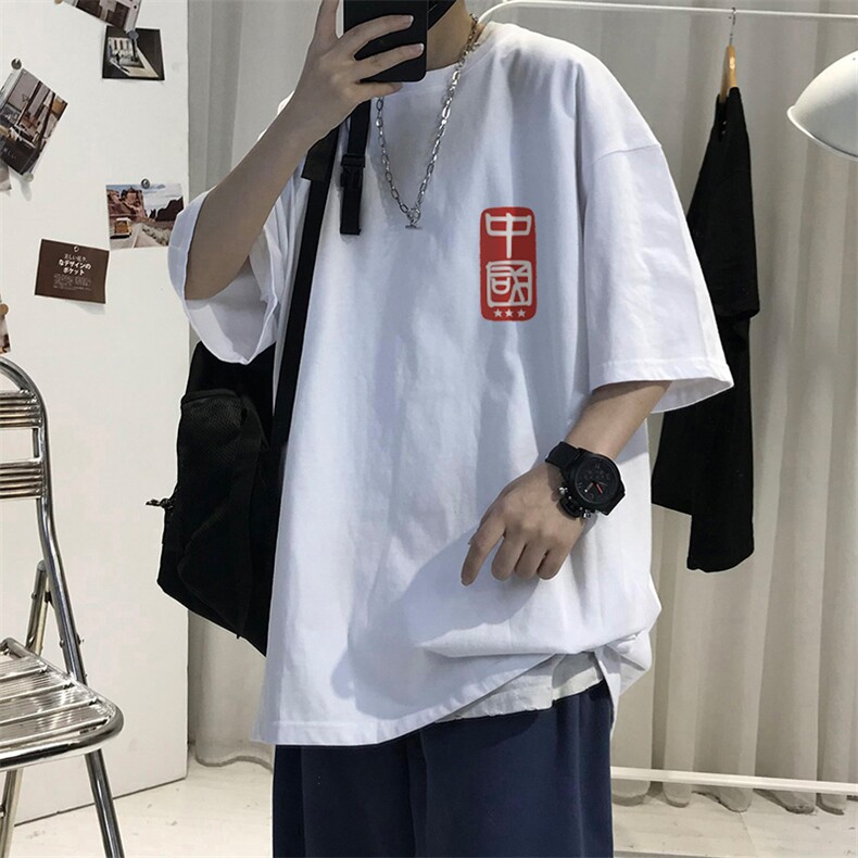 T008常年款男士休闲字母印花T恤衫外套圆领半袖五分袖TEE男女中性图片