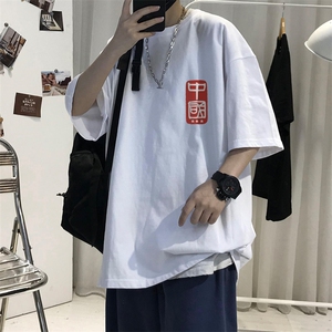 T008常年款男士休闲字母印花T恤衫外套圆领半袖五分袖TEE男女中性图片