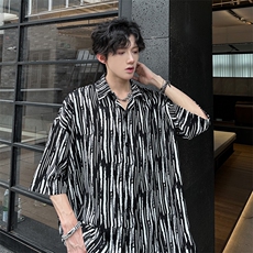 现货夏季经典斑马纹凉感ins风宽松潮男衬衫A071-C53-P38，男装衬衫，电商A071