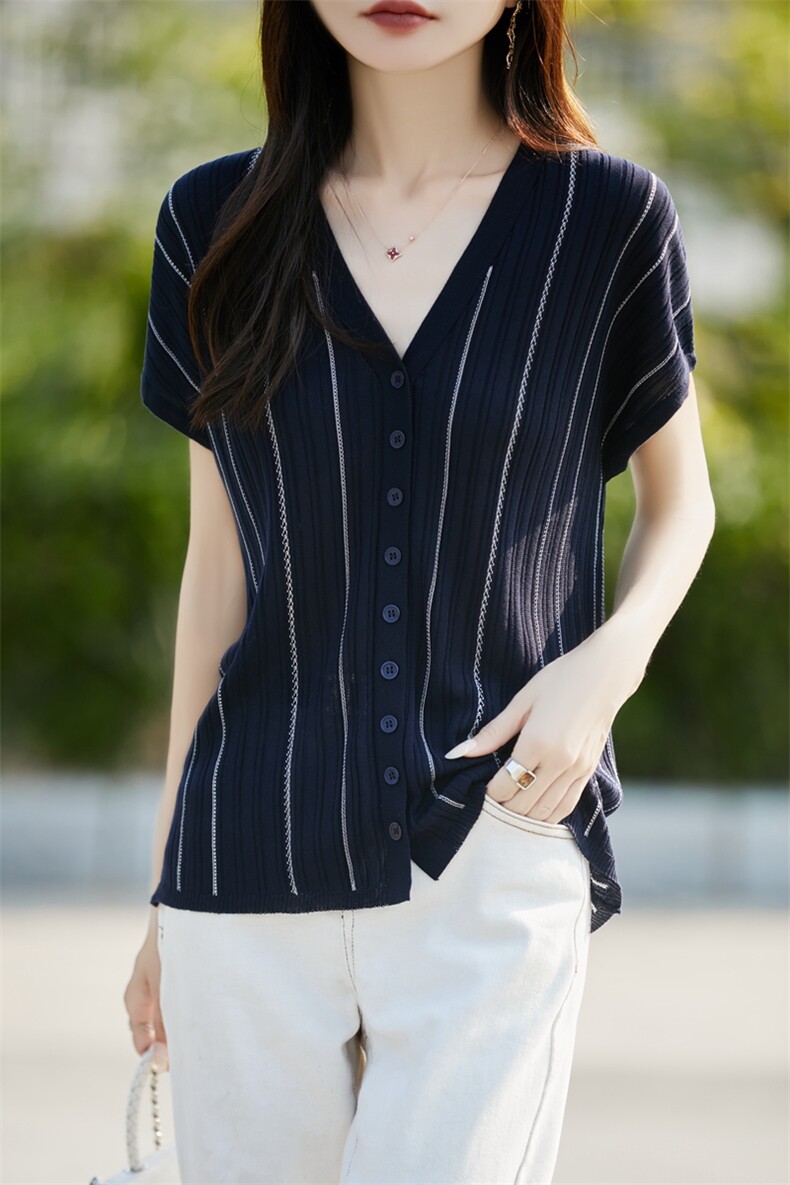 外搭V领莱赛尔天丝短袖开衫T恤女宽松撞色条纹针织休闲半袖上衣潮,女装T恤,暖烁羊绒