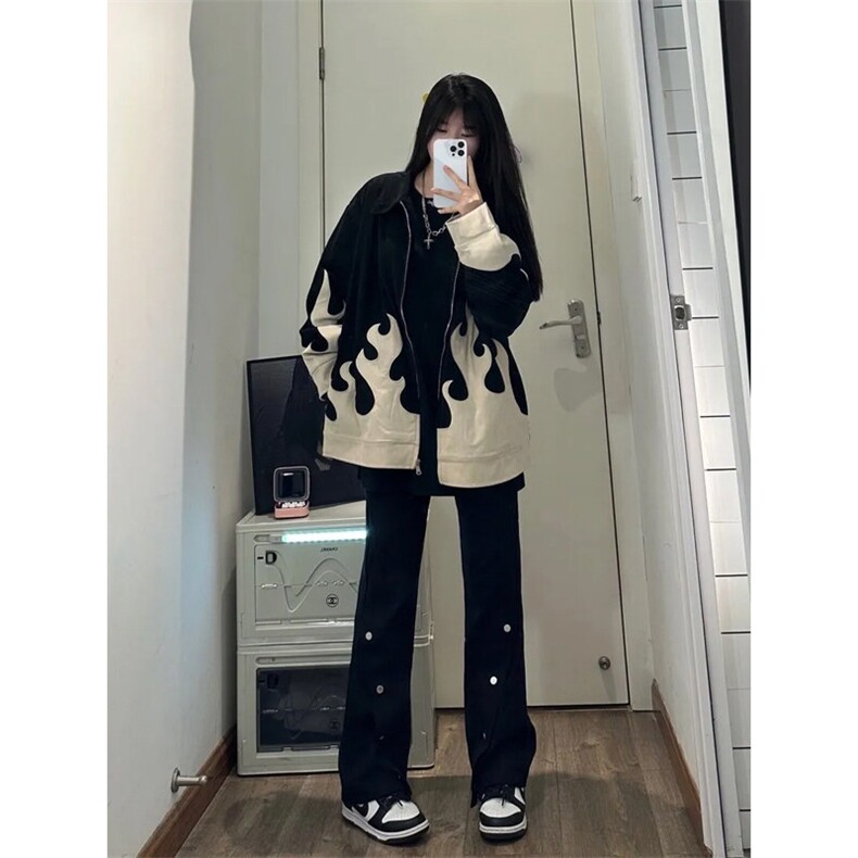 高街美式排扣牛仔裤拉链设计感直筒牛仔裤图片