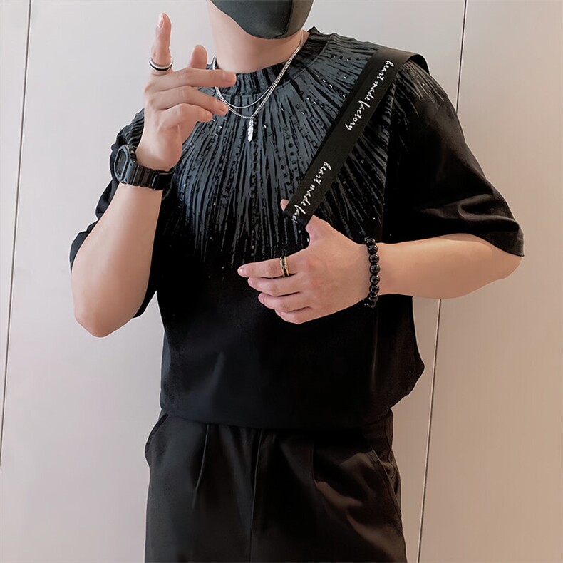 8965/P58控78夏季社会小伙360克重磅渐变印花套装工艺男黑首2,男装休闲套装,星座305B