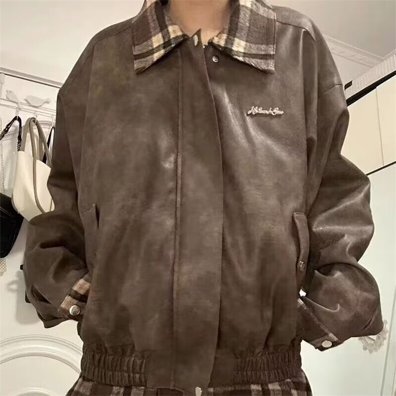 4128-P56复古做旧擦色拉链机车皮衣女秋季新款美式高街,男装皮衣,电商B323A