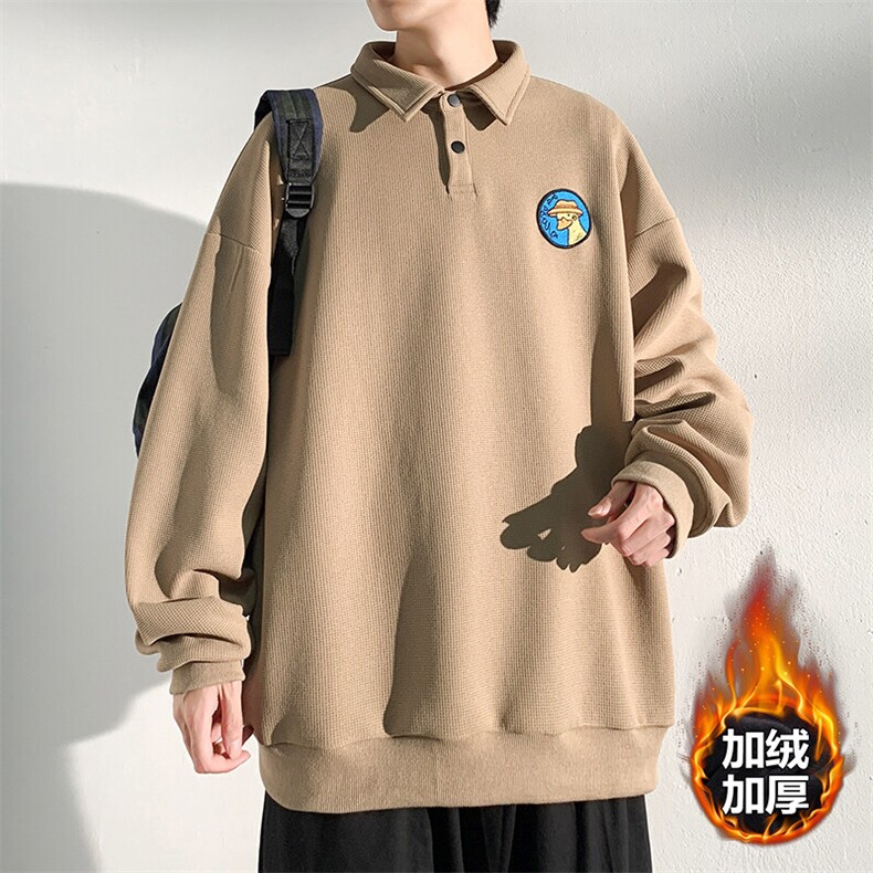 冬款美式复古刺绣男华夫格加绒加厚翻领Polo卫衣W26620J加绒-P55,男装卫衣,电商A001