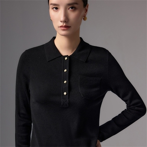 老钱风polo领针织衫女深灰色修身通勤上衣2025新款高端精纺羊毛衫图片