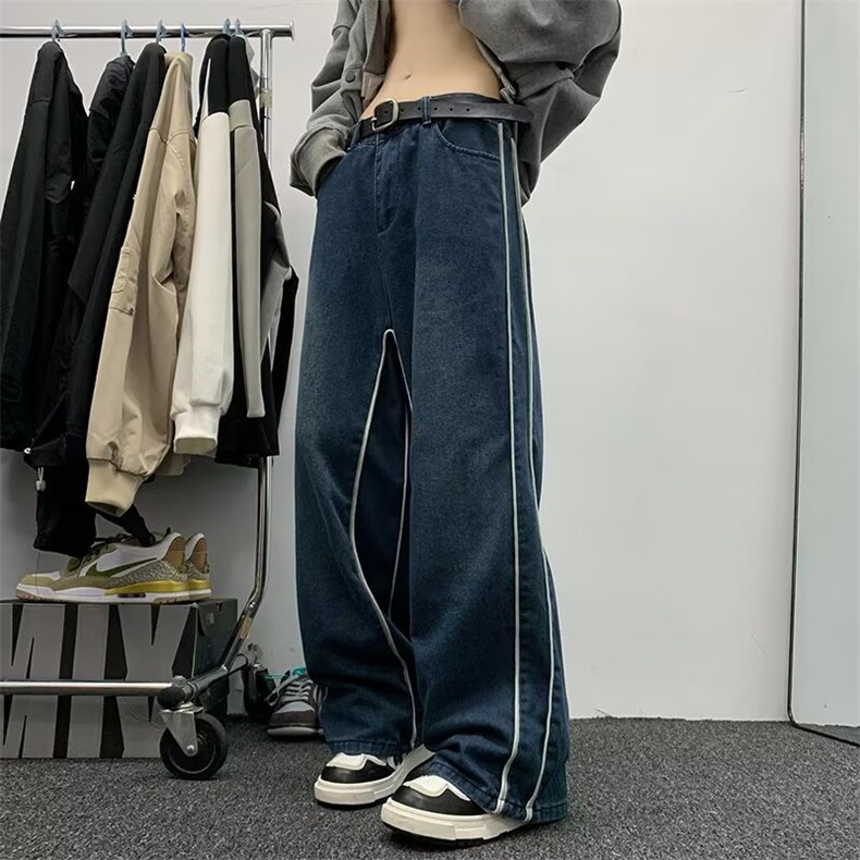 高街牛仔裤男拼条纹韩版个性阔腿美式2024冬季ins长裤RK1263-P58,男装牛仔裤,星座412-2