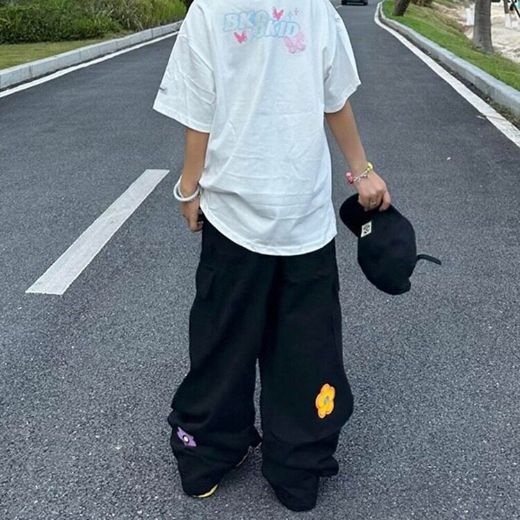 Y9279-P692025美式复古小花朵刺绣做旧水洗工装裤男女多口袋阔腿,男装工装外套,电商B323A