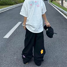 Y9279-P692025美式复古小花朵刺绣做旧水洗工装裤男女多口袋阔腿，男装工装外套，电商B323A