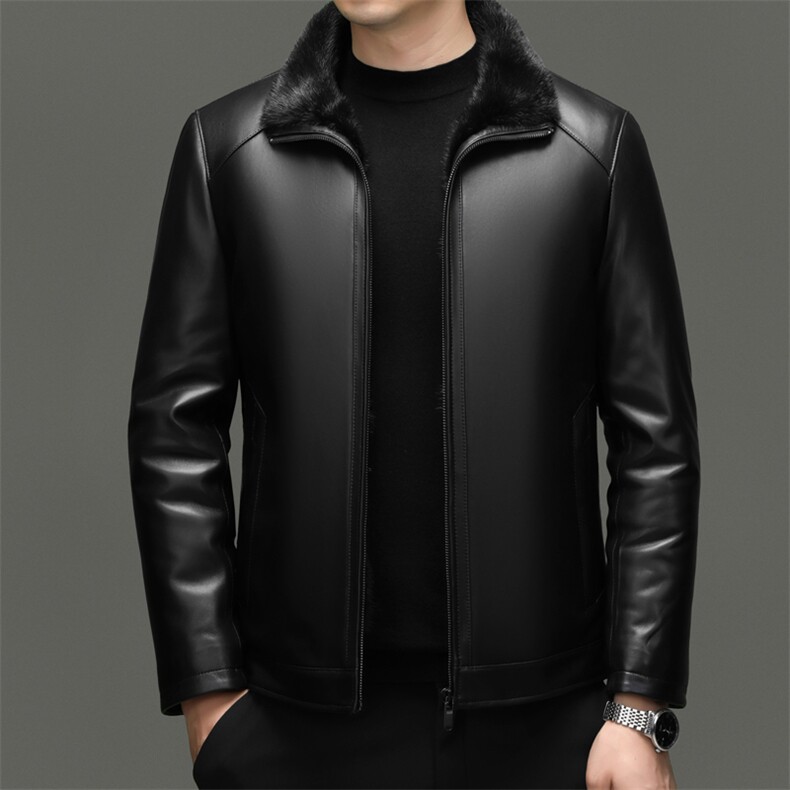 BG-H22021海宁男式绵羊皮真皮皮衣男脱卸水貂内胆翻领夹克皮克服图片
