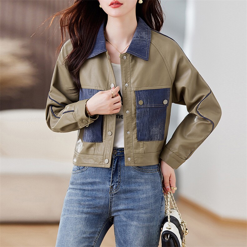 拼接皮衣外套女春秋机车PU夹克短款时尚欧货高级感2023年新款,女装皮衣,江南女神