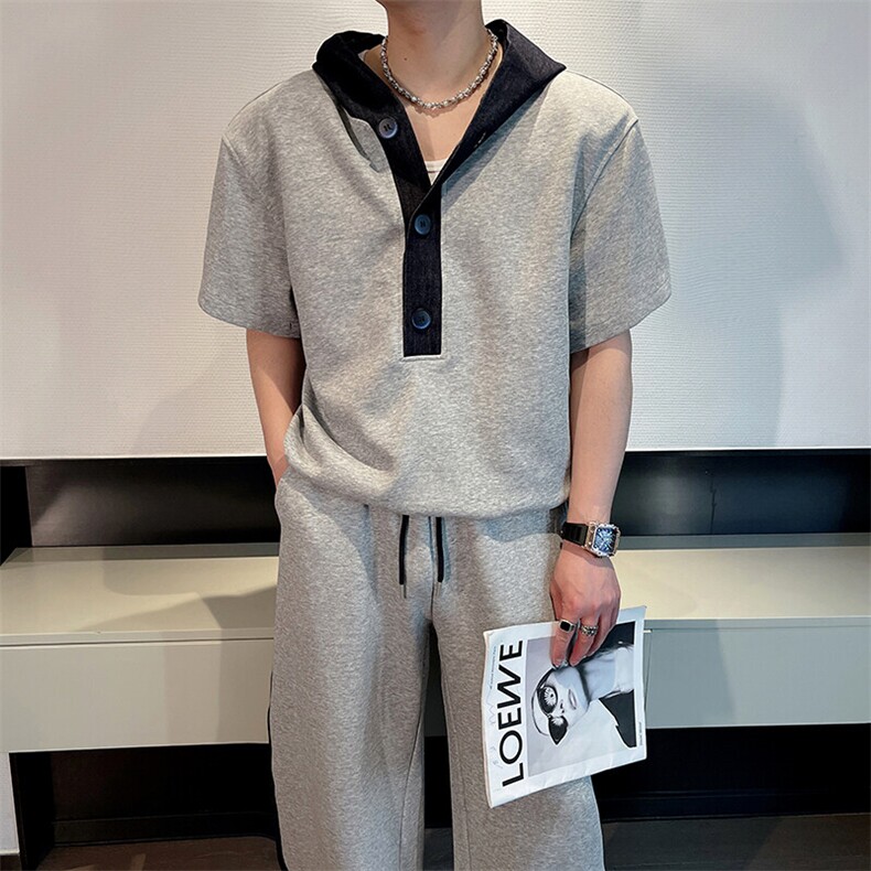 夏季红撞色拼接连帽短袖卫衣宽松弯刀裤套装男潮TZ286-P152,男装T恤,电商B267