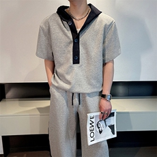 夏季红撞色拼接连帽短袖卫衣宽松弯刀裤套装男潮TZ286-P152，男装T恤，电商B267