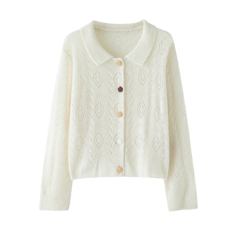 小翻领镂空翻花针织开衫25年春新品女薄款毛衫，女装针织衫/毛衣，轩妮羊绒