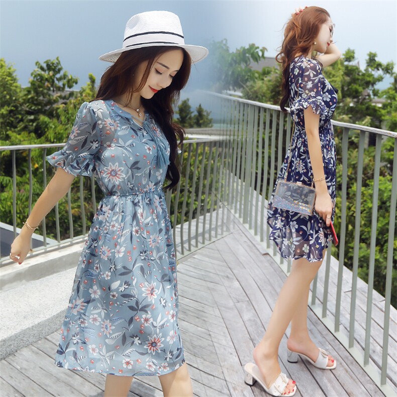 优雅简约百搭雪纺连衣裙V领松紧腰短袖2021年夏季,女装连衣裙,瑶迪依秀