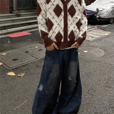 美式秋冬V领开衫针织衫男女风格慵懒风格覆古情侣宽松针织衫夹克，男装针织衫/毛衣，星座506A