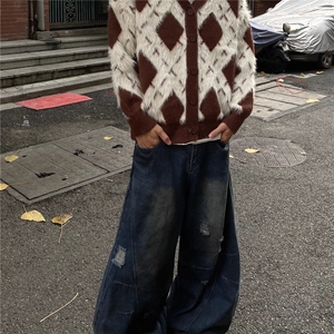 美式秋冬V领开衫针织衫男女风格慵懒风格覆古情侣宽松针织衫夹克图片