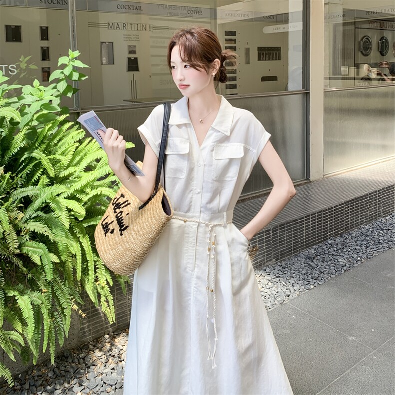 2026夏季浅蓝色短袖翻领衬衫连衣裙女新款简约气质系带收腰长裙子,女装连衣裙,霓裳依族
