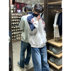 美式条纹撞色开衫卫衣男女款中性风宽松休闲百搭外套WY37-P48，女装短外套，星座208-5
