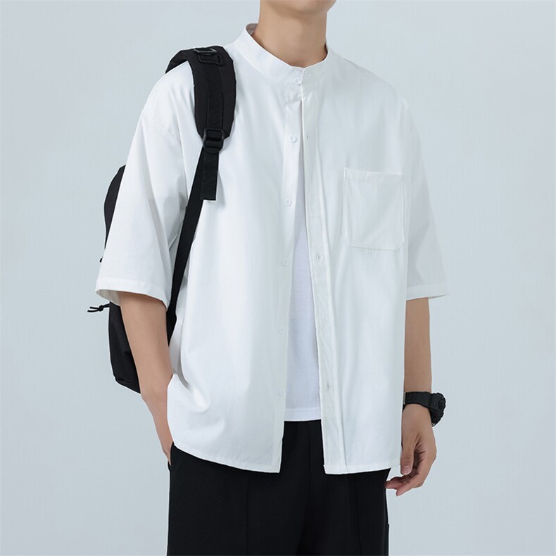 夏装立领短袖衬衫男纯色冰丝垂感大码衬衣 CS604P30图片