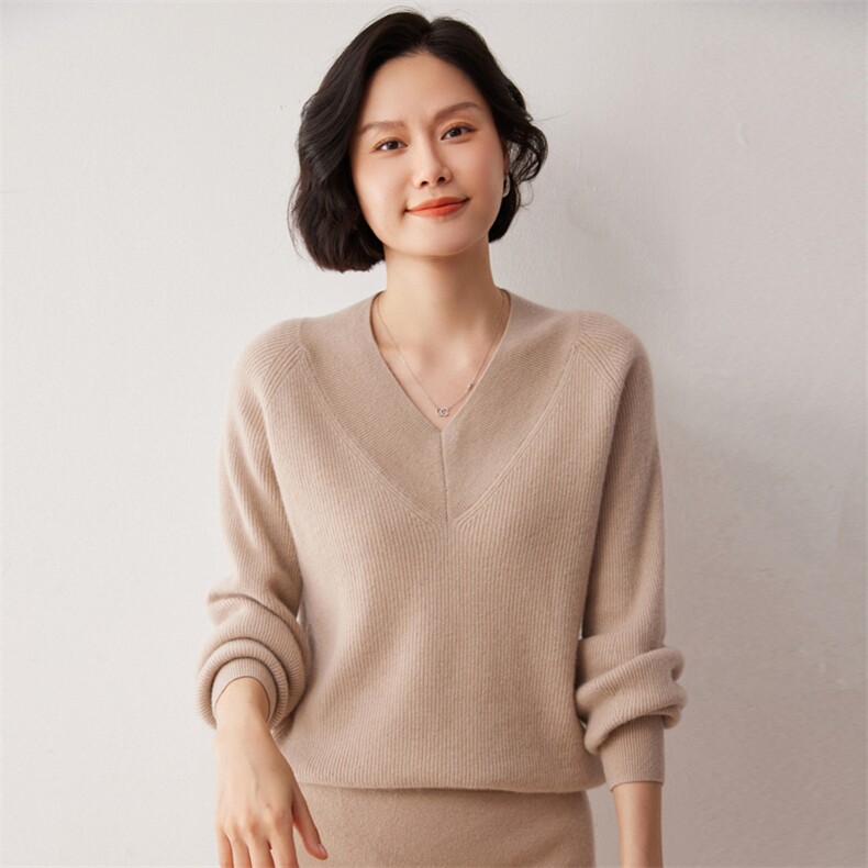 秋冬新款洋气时尚百搭显瘦女款V领35%山羊绒衫,女装羊绒衫,艾巧羊绒