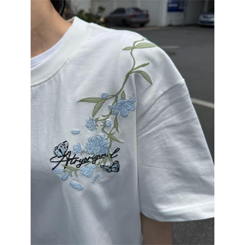 网图有货美式蓝花卉蝴蝶字母刺绣短袖t恤男女宽松上衣A663-P35,男装T恤,星座1505