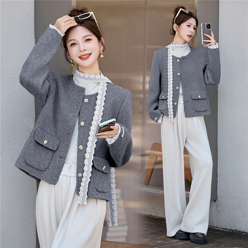 小香风蕾丝拼接短款毛呢外套女2025秋冬新款气质显瘦双面羊毛大衣，女装双面呢大衣，琦鑫阁（原依鑫阁）