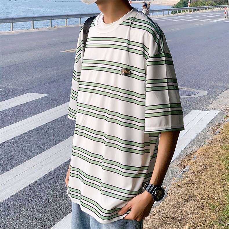 2023夏季新潮ins条纹中性风圆领男宽松透气短袖T恤,男装T恤,电商A161-2