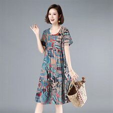 涵誉2021年夏季优雅花色圆领领荷叶边松紧腰纯棉花色蛋糕裙连衣裙，女装连衣裙，涵誉