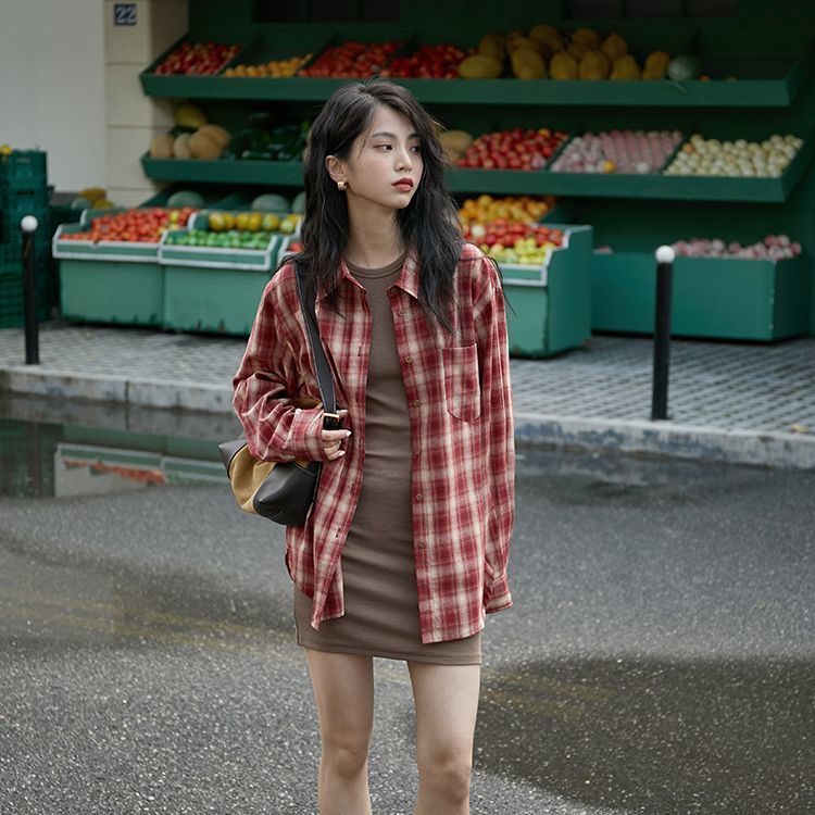 TC754-P45红色格子长袖衬衫外套女单叠穿内搭宽松上衣小众衬衣,男装衬衫,星座617A-2