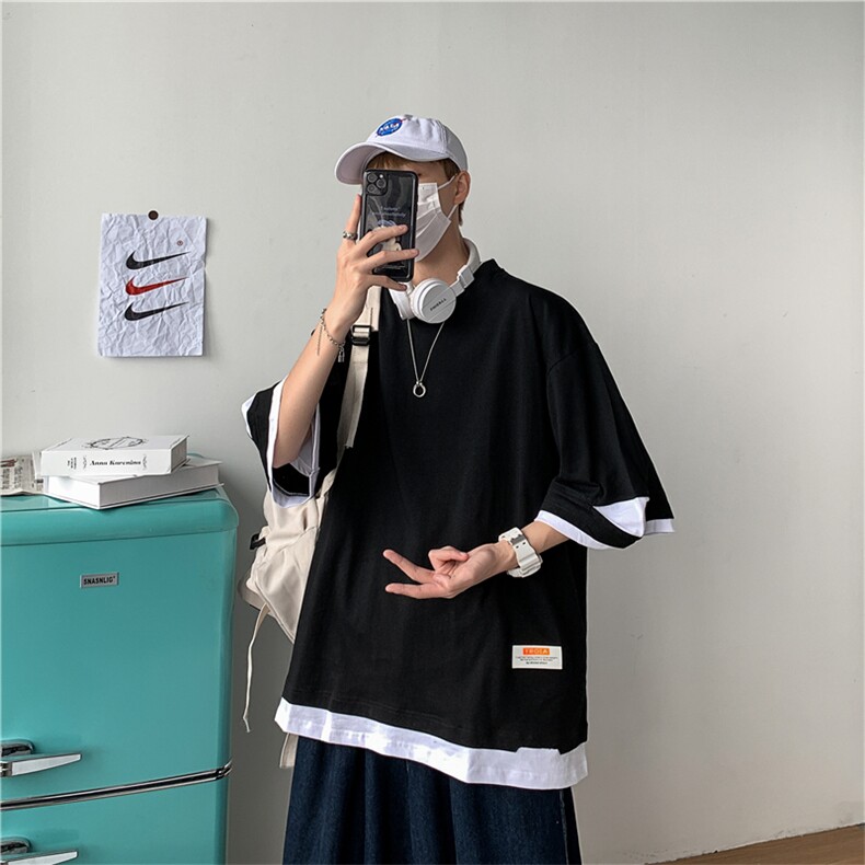 港风破洞T恤男宽松假两件短袖五分袖180g，X1213-T112-P35,男装T恤,星座1213