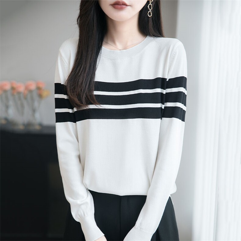 2025新款圆领复古内搭条纹刺绣针织衫女秋百搭长袖毛衣设计感上衣,针织衫/毛衣,萱芳婷羊绒