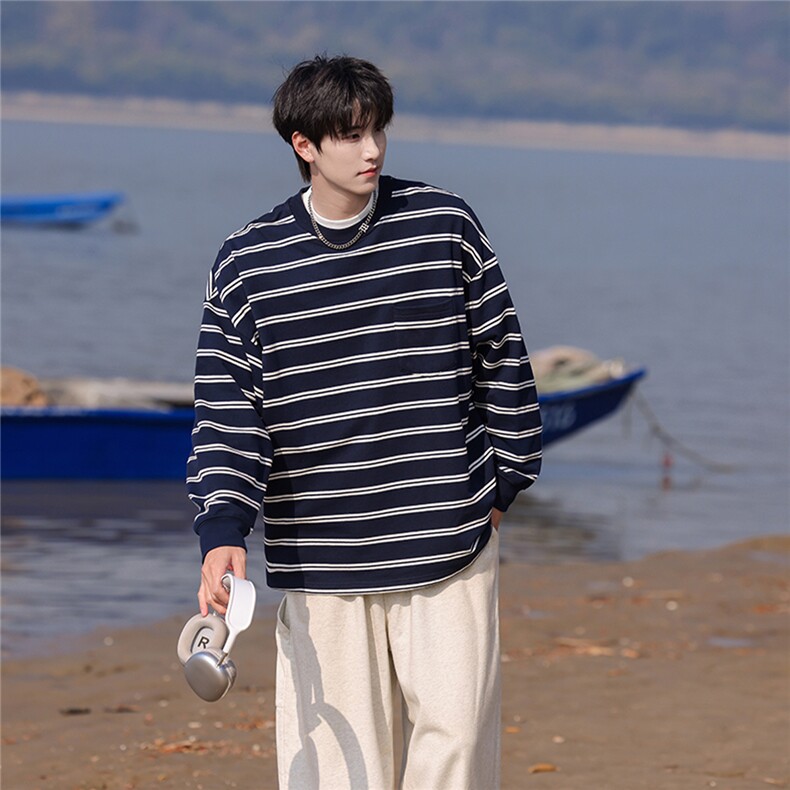 可二开港风高品质条纹圆领大码M-5XL卫衣97%棉3%氨纶77943P50控78，男装卫衣，星座227-7