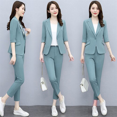 西装套装女2023夏季新款中袖薄款时尚休闲小个子职业西服两件套潮，商品下架区，韩然一族