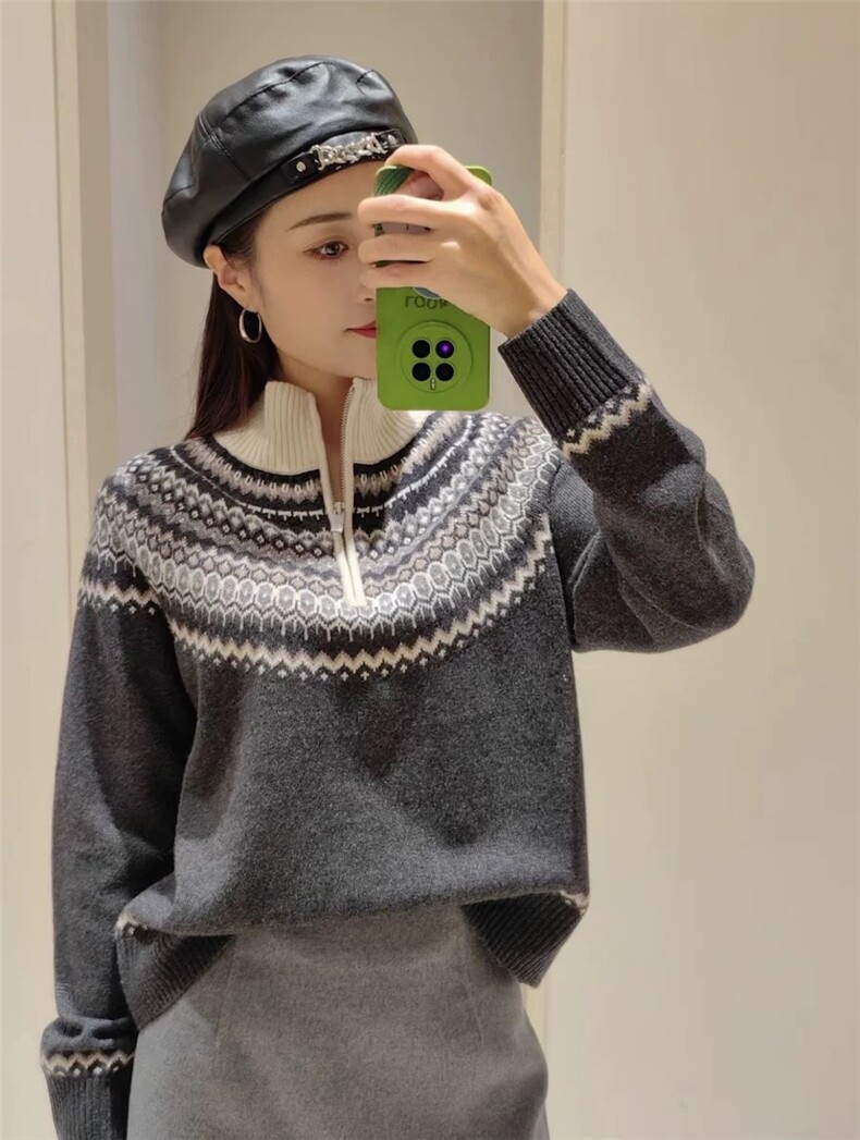 高龄半拉链长袖套头针织衫时尚百搭,针织衫/毛衣,隆秋羊绒