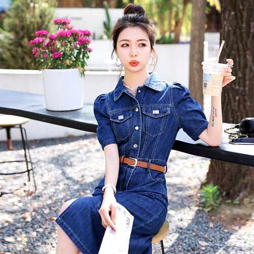 欧洲站牛仔连衣裙女2025年夏季新款气质高腰修身显瘦中长款衬衫裙,女装连衣裙,意芙