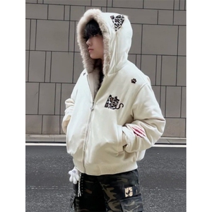 计划小恶魔豹纹仿麂皮毛领加厚座山雕棉服外套男女 M803图片