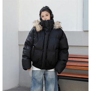 现货三防重磅硬挺boxy短款羽绒棉衣座山雕大毛毛领PU皮棉服外套冬图片