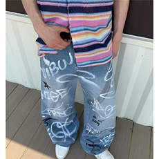 美式2025春新款今年流行高腰宽松米奇涂鸦印花弯刀阔腿牛仔裤，男装牛仔裤，星座506A