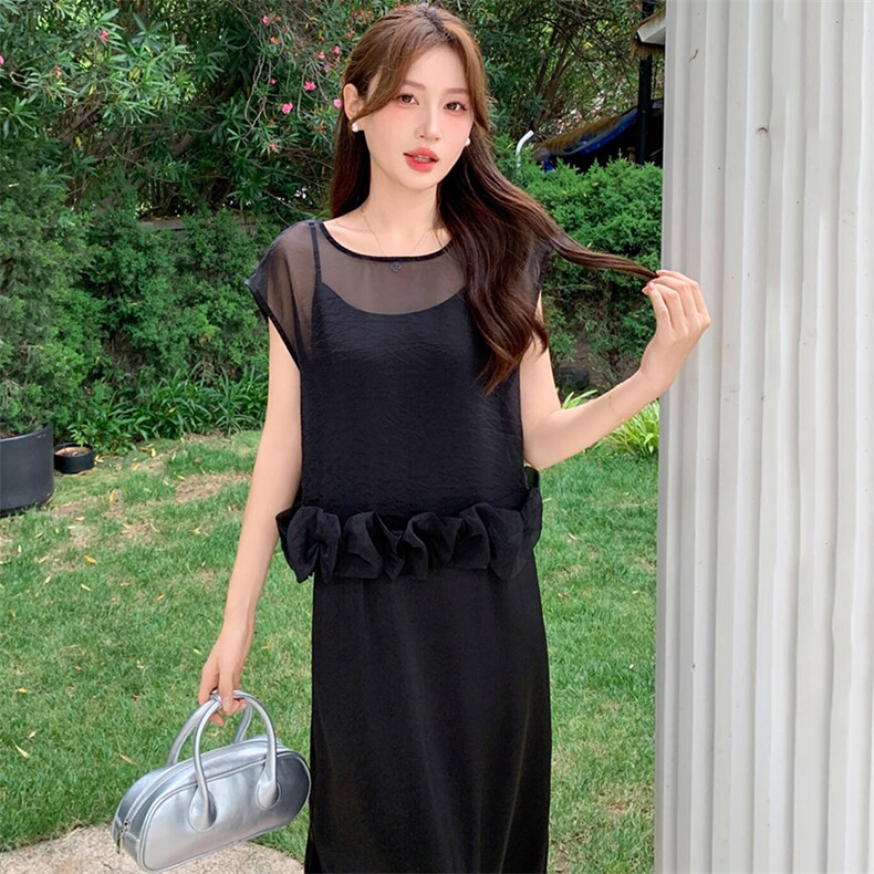 2025漂亮吊带连衣裙+网纱镂空上衣两件套夏天巨好看的套装女8876,女装套装/套裙,心心服饰