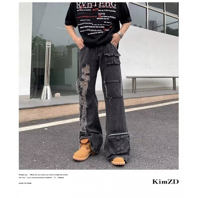 网络图现货！拼接平腰半松紧高街牛仔裤RY9200-P65,男装牛仔裤,星座1005-6