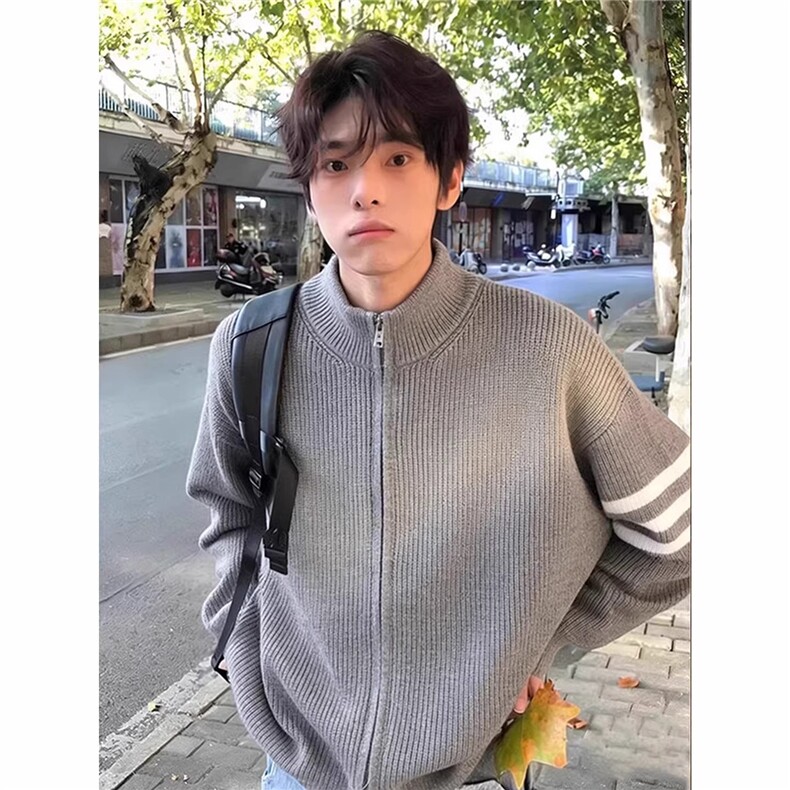 三条杠开衫毛衣男生冬季慵懒风针织衫条纹撞色少年感穿搭外套MY78,男装针织衫/毛衣,星座516A