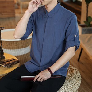 风大码衬衣男士休闲衬衫七分袖立领复古盘扣开衫 CS510 P50图片