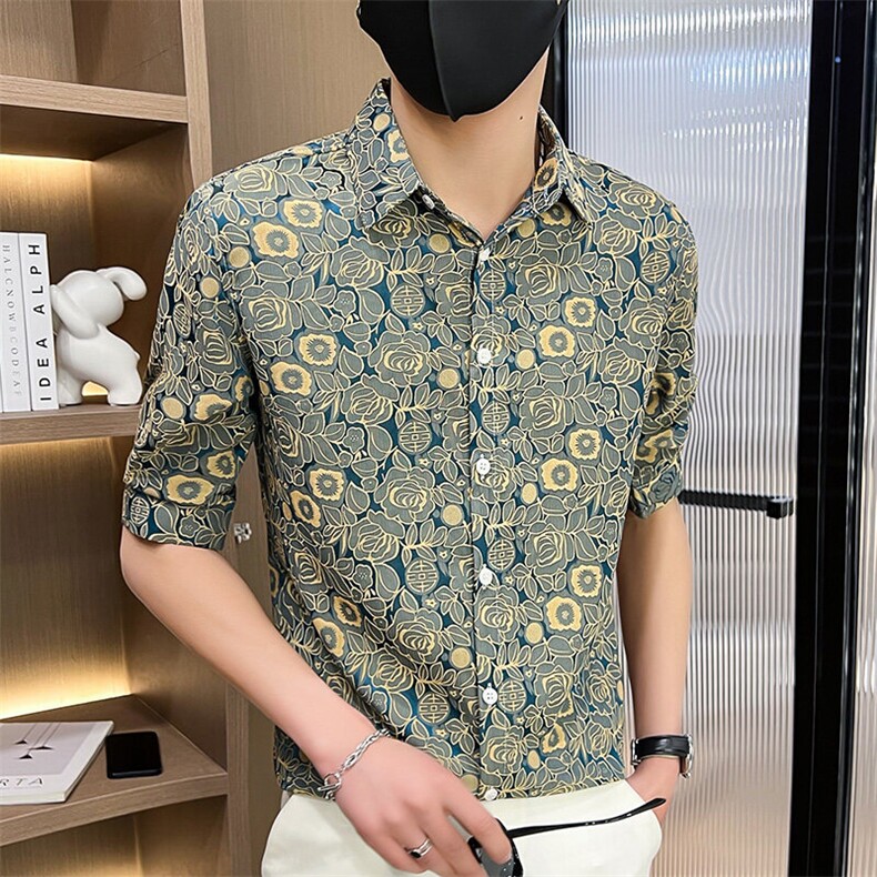 507A-CS532-P48 夏季青年七分袖碎花衬衣修身中袖衬衫发型师图片