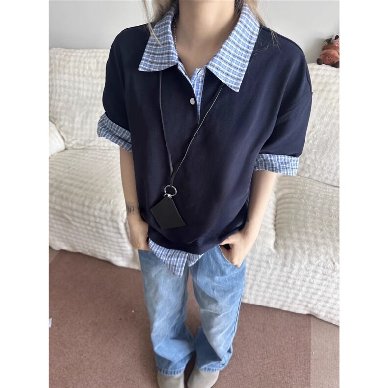 藏青色假两件短袖男款夏季潮牌衬衫拼接t恤重磅美式学院风polo衫,男装T恤,星座1210-1