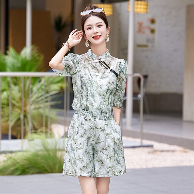 2024夏装新款新中式优雅时尚清爽短裤套装两件套,女装套装/套裙,妙形