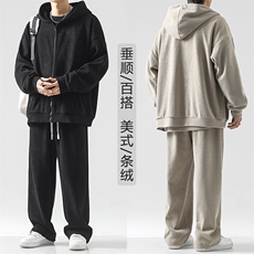 美式条绒套装开衫外套圆领卫衣拖地裤三件套-SJT860特批167，男装休闲套装，星座718