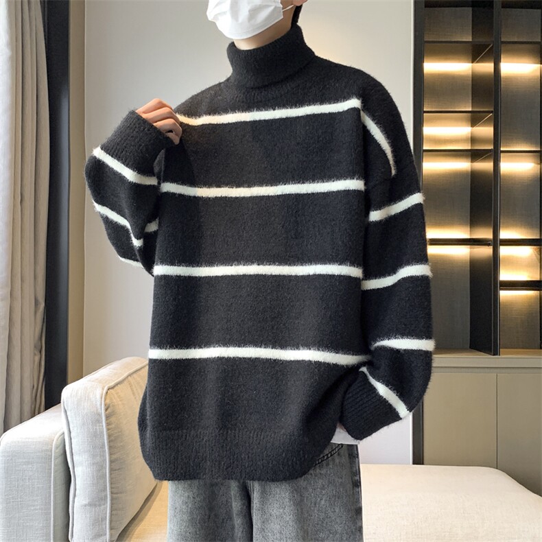 秋季新款港风条纹慵懒风套头高领保暖毛衣男 XZ608-TM281-P65控88图片