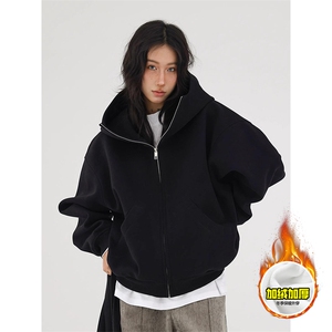 480G重磅加绒硬挺boxy 男女秋冬美式高街防风高领卫衣开衫厚外套图片