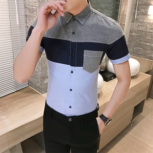 韩版新款男士纯色衬衫拼接休闲短袖衬衣228-CS49-P35图片
