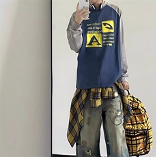 美式复古涂鸦做旧破坏牛仔裤情侣宽松直筒阔腿裤休闲长裤，男装牛仔裤，星座601-1